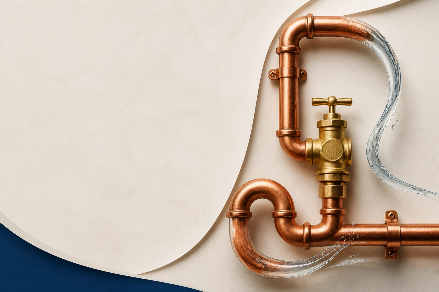Conceptual copper plumbing route with a shutoff valve and clean-water flow
